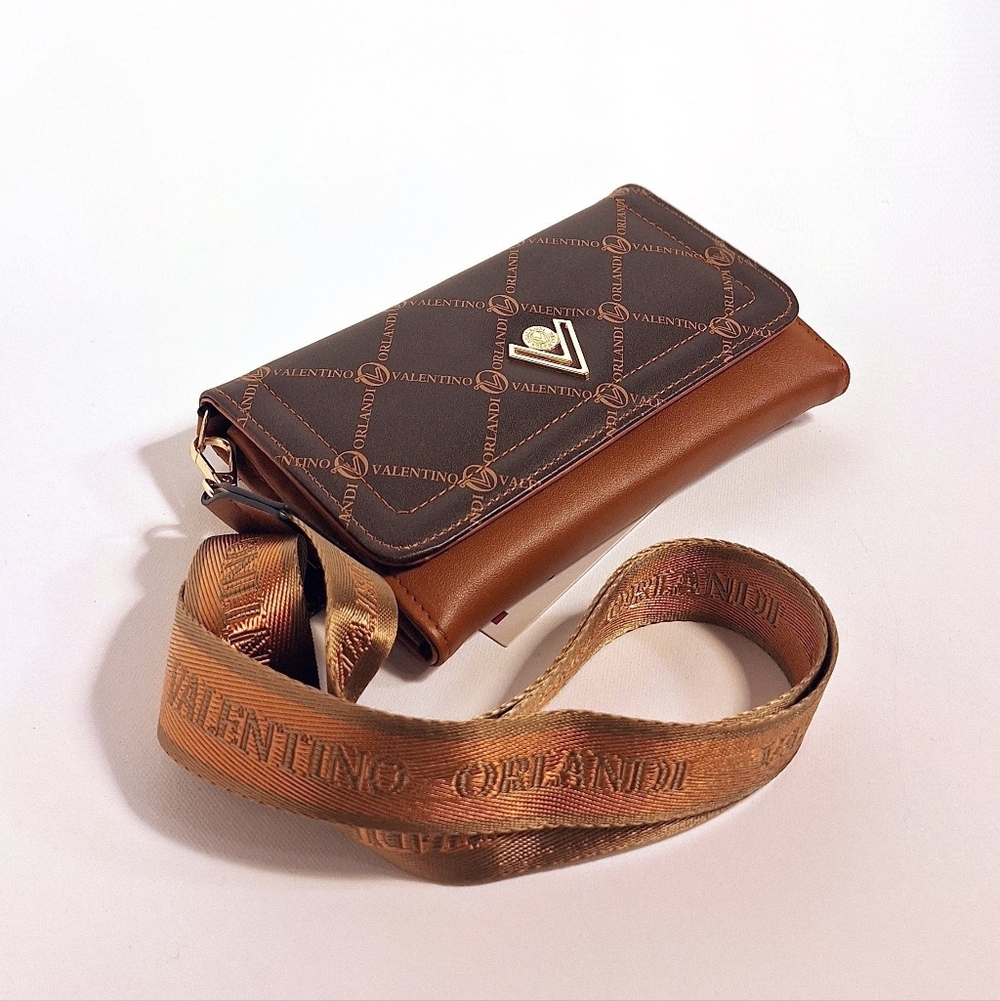 Valentino Orlandi Brown Monogram Crossbody Wallet with Logo Strap